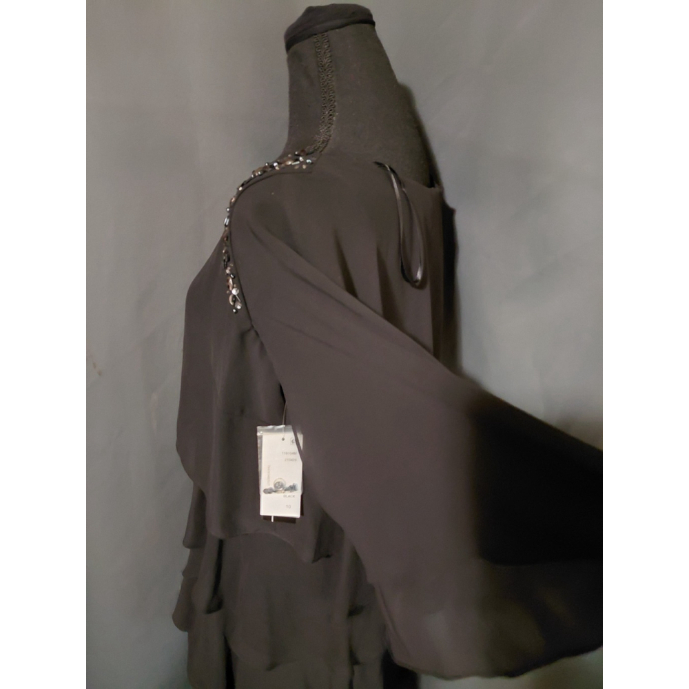 SLNY Tiered Dress Cocktail Boat Neck Black Chiffon Beaded Women Size 10 - Picture 7 of 10